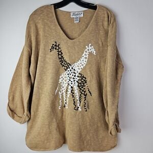 Vintage Victoria One Size Tunic Sweater Jungle Safari Giraffe Knit Brown LS